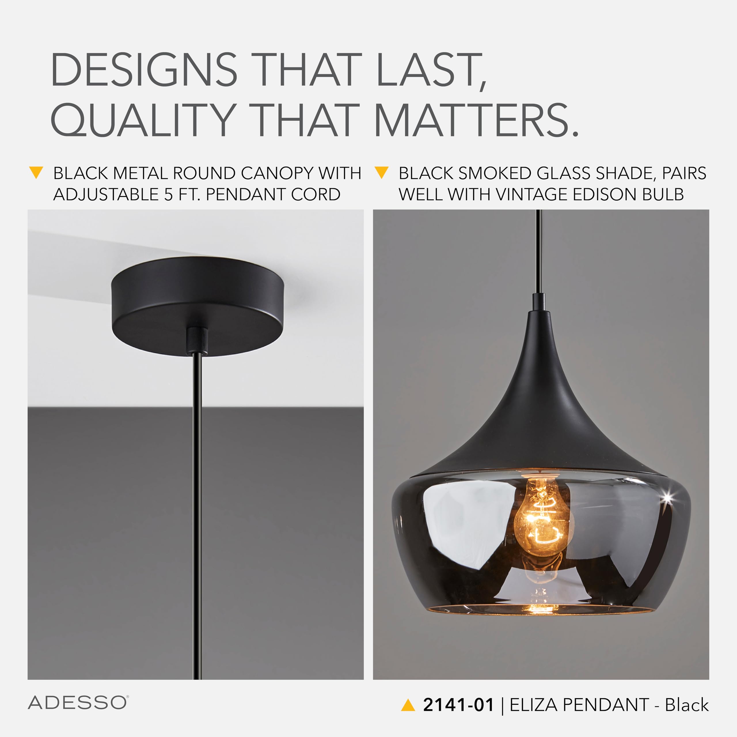 Adesso Black Ceiling Pendant with Smoked Glass Dome Shade